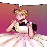 a man in a maid outfit with cat ears is standing in front of a speech bubble .