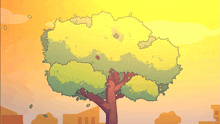 a cartoon drawing of a tree with a sunset in the background