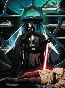 darth vader sits on a throne with a lightsaber in his hand