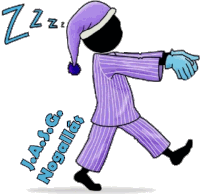 a cartoon drawing of a person wearing purple pajamas and a purple hat that says zzz on it