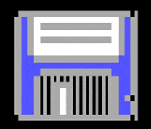 a gray and blue icon of a floppy disk