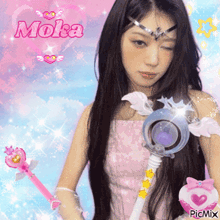 a picture of a girl with long hair and the name moka