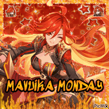 a picture of a girl with red hair and the words mavrika monday on it