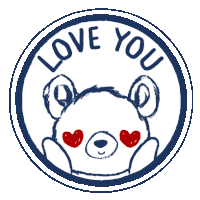 a blue and white circle with a teddy bear and the words love you on it