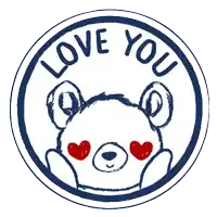 a blue and white circle with a teddy bear and the words love you on it