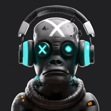 a robot wearing headphones and a gas mask with an x on his face