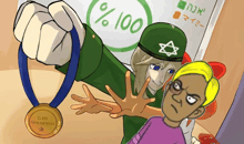 a cartoon drawing of a man holding a medal that says class representative
