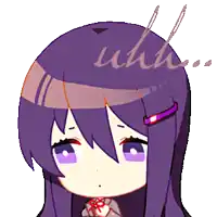 a drawing of a girl with long purple hair and the word uhh on her head