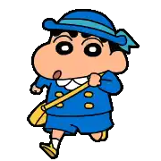 a cartoon character wearing a blue hat and a yellow bag