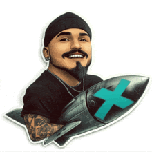 a man with a beard is holding a rocket with a blue cross on it