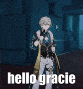 a video game character says hello gracie while standing in a dark room