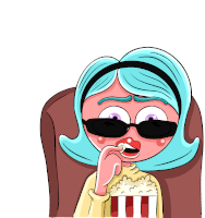 a cartoon drawing of a woman eating popcorn