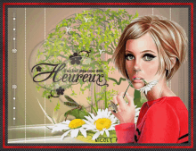 a painting of a woman holding a flower with the word heureux written on it