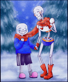 a drawing of two skeletons wearing scarves standing in the snow