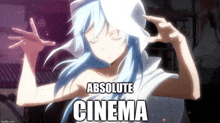 a girl with blue hair is wearing a white hat and the words absolute cinema are above her