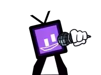 a cartoon character is holding a microphone in front of a purple tv .