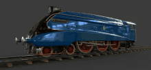 a blue train that says ' e.m. williams ' on the side of it