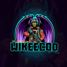 a logo for wikeecod shows a skeleton with horns holding a gun