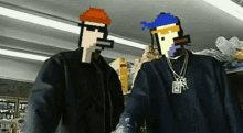 two pixelated men are standing next to each other with one wearing a necklace with the letter r on it