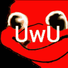 a close up of a person 's face with the word uwu written in white