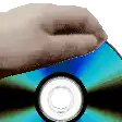a hand is holding a blue cd with a white circle in the center .