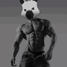 a black and white photo of a man with a fox head on his chest