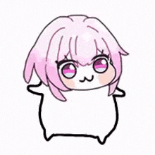 a drawing of a little girl with pink hair and a speech bubble .