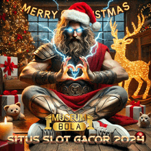 an advertisement for situs slot gacor shows a man in a santa hat making a heart with his hands