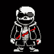 a pixel art of a skeleton wearing sunglasses and a jacket with blood coming out of his arm .