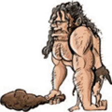 a cartoon of a caveman kneeling next to a pile of poop .