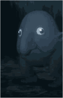 a cartoon character with a big nose and big eyes is standing in the dark looking at the camera .