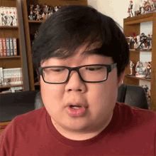 a man wearing glasses and a red shirt is making a funny face in front of a bookshelf with one piece figurines