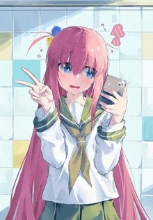 a girl with long pink hair is holding a cell phone and making a peace sign