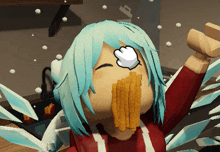 a cartoon character with blue hair is eating fries