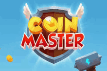 the logo for coin master is a shield with wings on it .