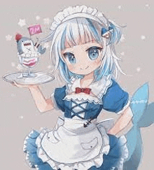 a girl dressed as a maid is holding a tray with a shark on it .