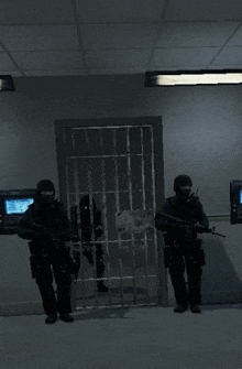 a group of soldiers standing in front of a jail cell door