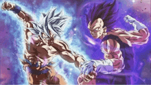 goku and vegeta are fighting each other in a purple background in a cartoon .