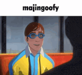 a cartoon of a man wearing glasses and the word majingoofy on top