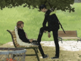 a man with a sword standing next to a woman on a bench