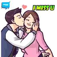 a cartoon of a man kissing a woman on the cheek with the words i miss u below them