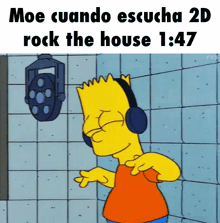 bart simpson is wearing headphones and listening to rock the house at 1:47