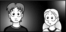 a black and white cartoon of a boy and a girl looking at each other
