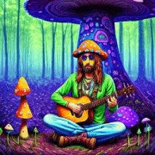 a man is sitting on the ground playing a guitar in a psychedelic forest surrounded by mushrooms .