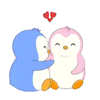 a blue and pink penguin kissing with a red heart between them