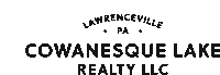 a black and white logo for lawrenceville pa cowanesque lake realty llc