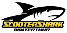 the logo for scootershark winterthur shows a shark