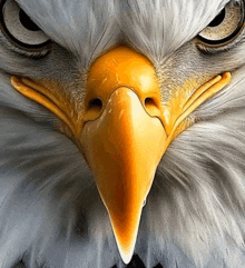 a close up of an eagle 's face with a yellow beak and black eyes