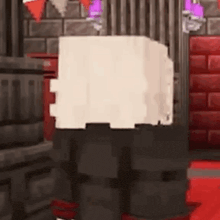 a minecraft character is standing in a room with a brick wall and a red floor .