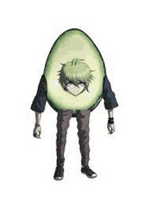 a man is standing in front of an avocado with a face on it .